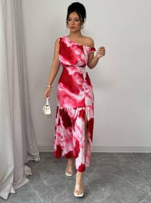 Elenzga 扎染印花不对称领口荷叶边开衩连衣裙，夏日海滩度假