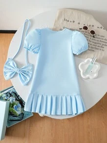 Gentle Sweet Summer New Style Fashion Elegant Girls Round Neck Puff Sleeve Splice Pleated Hem Bow Decor Princess Dress