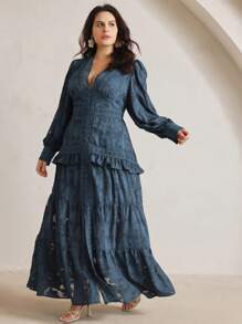 Anewsta 大码女式节日/度假优雅 V 领长袖镂空花卉拼布荷叶边下摆修腰连衣裙 - 藏蓝色 - 查看 3