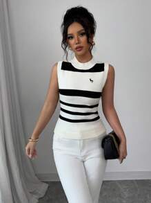 Elenzga Women Casual Monochrome Unicorn Embroidered Sleeveless Knit Top - Black and White - View 4