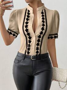 RosyDaze Women's Colorblock Ruffle Trim Textured Fabric Short Puff Sleeve Shirt - Khaki - View 4