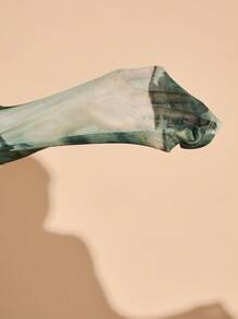 SHEIN BAE Spring Summer Clothes Vacation Beach Plus Size Women Date Out Elegant Big Women Printed Asymmetrical Neckline Pleated Slim Top Mesh Long Sleeve T-Shirt Marble Top - Green - View 7