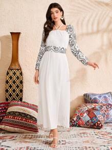 Al Najma Embroidered Halter Neck Women's Arabic Style Dress, Arabian Dresses - White - View 5