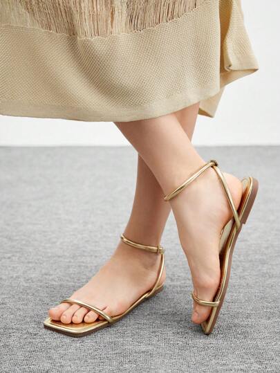 CUCCOO BIZCHIC 女士方头极简绑带平底凉鞋，简约时尚通勤户外夏季度假鞋