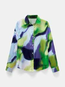 Maija Women's Fashion Tie-Dye Pattern Print Charmeuse Single-Breasted Lapel Long Sleeve Shirt, Versatile For Spring