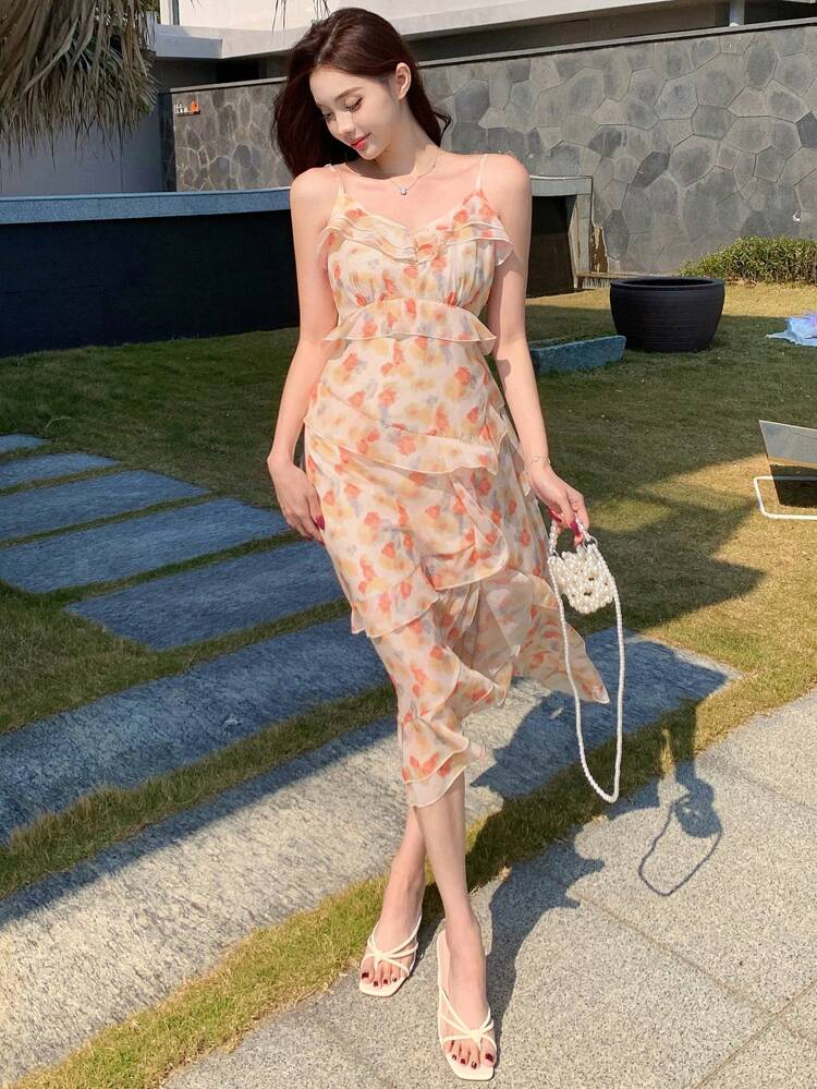 Women's Floral Print Ruffle Trim Midi Cami Dress Summer Cruise Women Outfits Sundress Boho