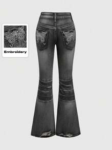 ROMWE Grunge Punk Y2K Vintage Distressed Low Waist Flare Jeans With Butterfly Embroidery And Rhinestone Decoration - Black - View 1