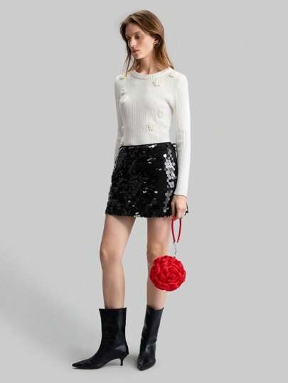 Ontre Women's 90s Retro Floral Print White Elegant Raised Flower Decor Fitted Elastic Rib-Knit Sweater, Spring