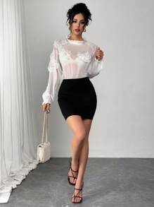 Elegant 3D Floral Decor See-Through Long Sleeve Blouse Fall Cloth For Women - White - View 6