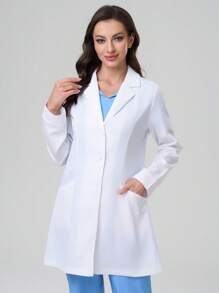 TaskEZ Uniforme de mujer colorido de primavera y verano, de estilo casual, multifuncional, con múltiples bolsillos, duradero y cómodo, adecuado para hospitales, clínicas y veterinarias. Bata de laboratorio/bata casual de cuello con solapa y manga larga de unicolor para mujer, uniforme de mujer para Pascua - Blanco - Ver 4