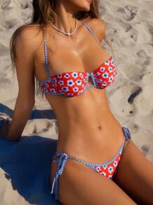 Swim Vcay Springbreak Women Multicolor Random Print Push-Up Side Tie Cute Bikini Set, Festival Boho For Summer Beach Vacation - Multicolor - View 7