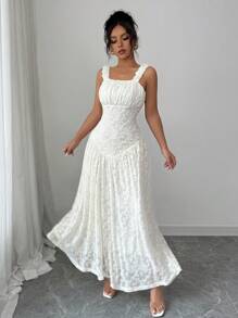 Chiquease Sexy & Charming Spaghetti Strap Square Neck Backless Cinched Waist Long Dress - Beige - View 7