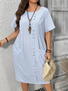 EMERY ROSE Plus Size Women Casual Striped Shift Dress, Suitable For Work And Commuting - Blue and White - View 5