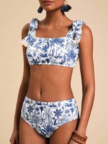 Travachic Coconut Tree Print Swimwear Bikini Set, For Vacation & Summer Beach - Blue and White - View 6