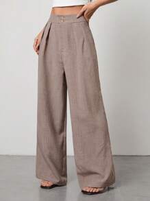 Pantalones formales de pierna ancha y cintura alta con pliegues, en color caqui, aptos para vacaciones de verano - Caqui - Ver 5