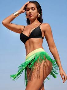 SHEIN Swim Colorblock Fringe Kimono & Mini Skirt Set, Suitable For Spring Summer Holiday/Party/Music Festival - Multicolor - View 6