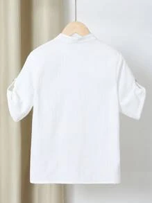 Áo sơ mi họa tiết sóng cổ đứng nhỏ tay ngắn màu trắng cho bé trai tuổi teen, màu kaki, nút giả vân gỗ, túi ngực trước, trang trí đơn giản, thoải mái & giản dị, thích hợp đi học, du lịch, ở nhà, nghỉ dưỡng, dáng rộng, thích hợp cho mùa xuân, hè, thu - trắng - Xem 2