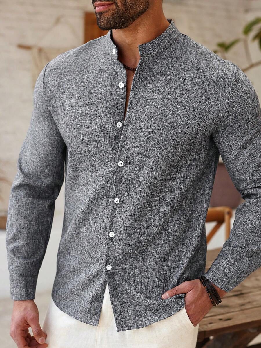 ResortEase Plus Size Men Casual Minimalist Shirt, Suitable For Everyday Wear - Grey - View 1