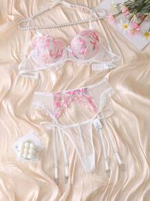 Bộ đồ lót lưới thêu hoa gợi cảm cho nữ - Hồng - Xem 6