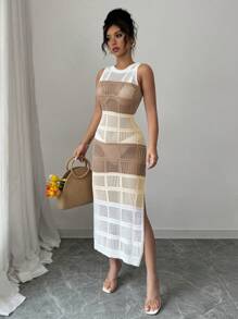 Elenzga Fashionable Sleeveless Hollow Out Crew Neck Knit Dress For Women