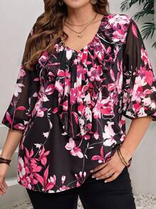 EMERY ROSE Plus Size Women 3/4 Sleeve Floral Printed Blouse, Ruffle Top, Early Spring And Summer Outfits For Women