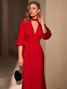 CLARA VERO Vestido de manga larga con detalle de chal de unicolor para mujer