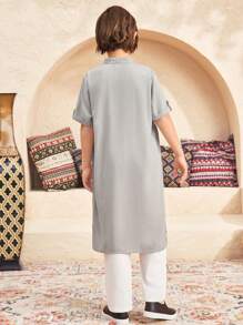 SHEIN 2pcs Tween Boy Set: Loose Casual Stand Collar Short Sleeve Long Shirt & Long Pants - Apricot - View 2