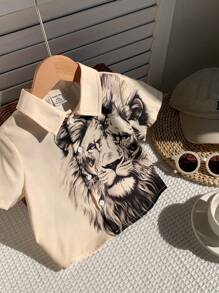 SHEIN Leap Crew 男童/女童休闲舒适时尚街头狮子印花衬衫，适合春夏季