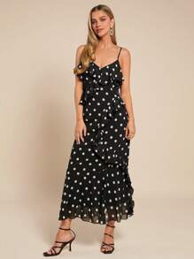 Amorya Women Long Polka Dot Dress, Black & White Sleeveless Ruffle Hem Fishtail Bodycon Elegant Dress For Casual, Date, Spring & Summer Fall/Winter Women Clothes Back To School Modest Vintage Old Money Teacher Outfits For Women Airport Summer Holiday Outfits Black Dress  Polka Dot Top - Black and White - View 6