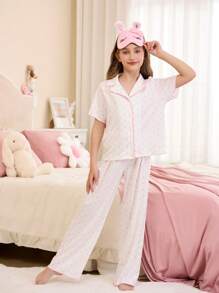 Tween Girls Minimalist Heart Pattern Lapel Button-Front Short Sleeve Top And Loose Comfy Pants 2 Pieces Pajama Set - Baby Pink - View 5