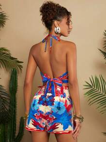 Travachic 2pcs/Set Vacation Parrot & Botanical Print Halter Crop Top And Mini Skirt Shorts - Red - View 2