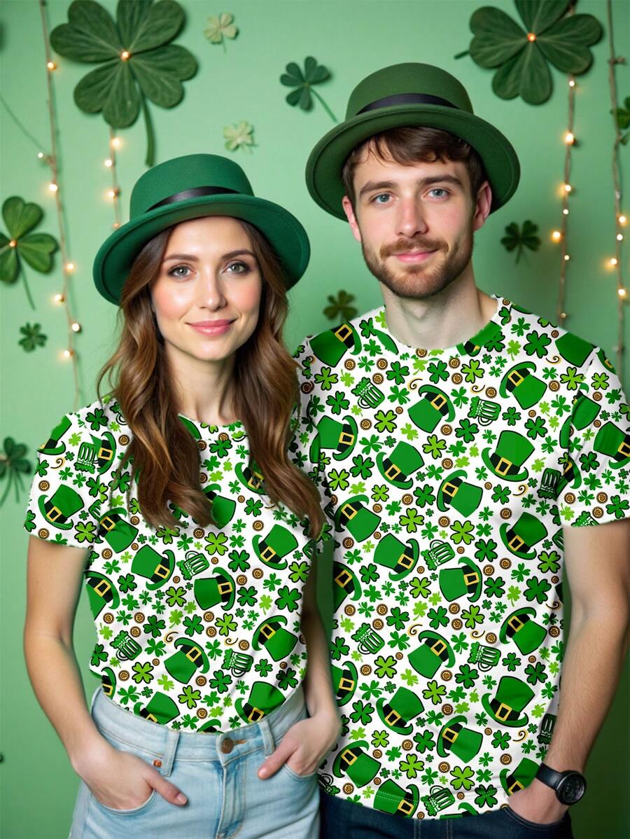 Maria Clara Maia Artist Women St. Patrick's Day Green Top, Round Neck Lucky Graphic T-Shirt, Couple Green Hat Festival Casual Wear, Holiday, Spring And Summer, Western Wear - Green - View 1