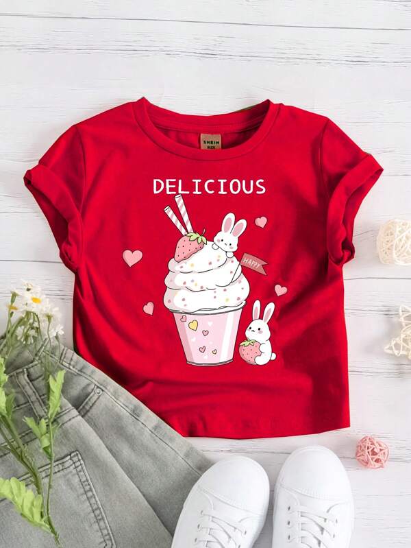 Young Girl Casual Minimalist Pattern Short Sleeve T-Shirt, Suitable For Summer