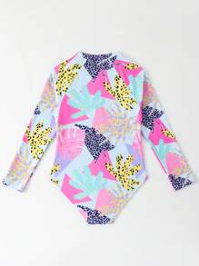 SHEIN Young Girl 2025 New One Piece Printed Swimsuit, Zipper Long Sleeve Beachwear, Vacation Swimwear Summer Holiday - Hot Pink - View 2