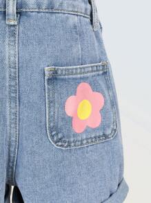 Denimly Tween Girl Fashionable Casual Cute Floral & Smiling Face Print Denim Ripped Distressed Washed Loose Strap Jumpsuit & Overalls With Frayed Hem