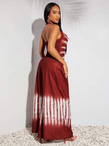 SHEIN SXY 春夏假期波西米亚风西方服饰女装节日红色扎染仿亚麻面料吊带修身背心上衣和松紧腰高腰舒适长裤两件套