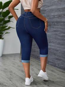 Slaydiva Plus Size Women Elastic Personalized Cuff Hem 3/4 Jeans - Blue - View 2