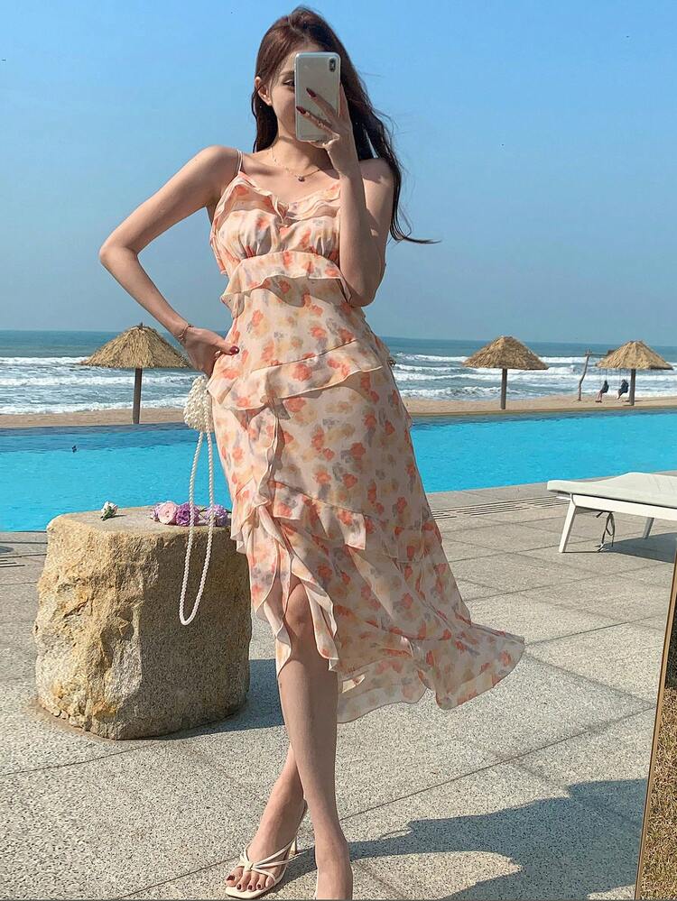 Women's Floral Print Ruffle Trim Midi Cami Dress Summer Cruise Women Outfits Sundress Boho