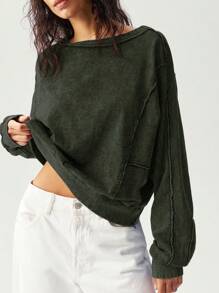 Bohemela 休闲纯色针织圆领长袖宽松女式 T 恤 - 灰色 - 查看 1