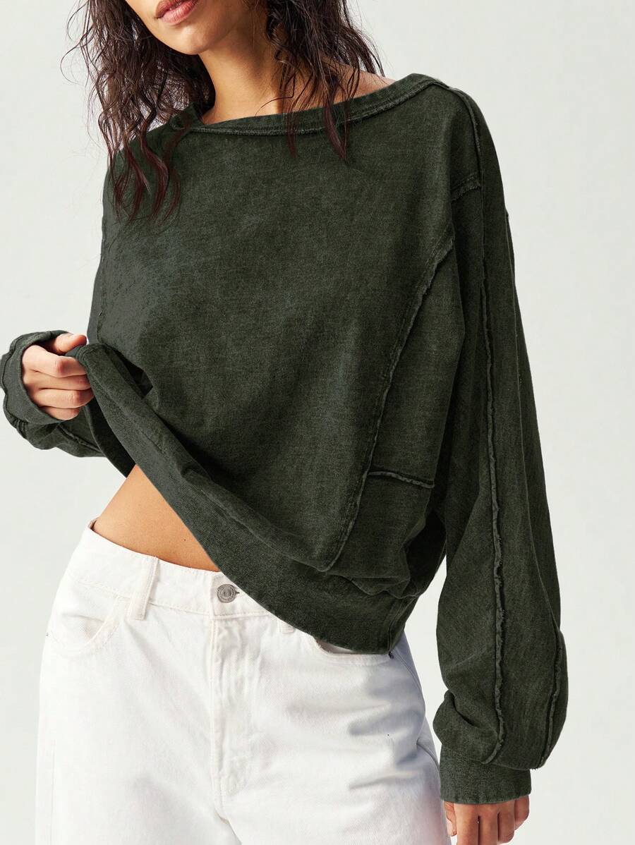 Bohemela 休闲纯色针织圆领长袖宽松女式 T 恤 - 灰色 - 查看 1