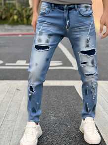 Manfinity Roughcore Men's Dark Blue Washed Denim Stretch Skinny Jeans - Teal Blue - View 3