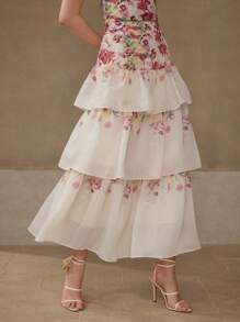 MOTF 花卉印花荷叶边层叠半身裙 - 杏色 - 查看 1