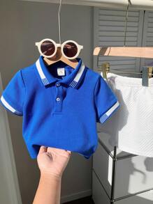 SHEIN Leap Crew 2pcs Set Casual Baby Boy/Girl Contrast Color Striped Detail Half Open Polo Shirt With Elastic Waist Knit Shorts, Suitable For Spring/Summer Everyday Wear - Blue - View 1