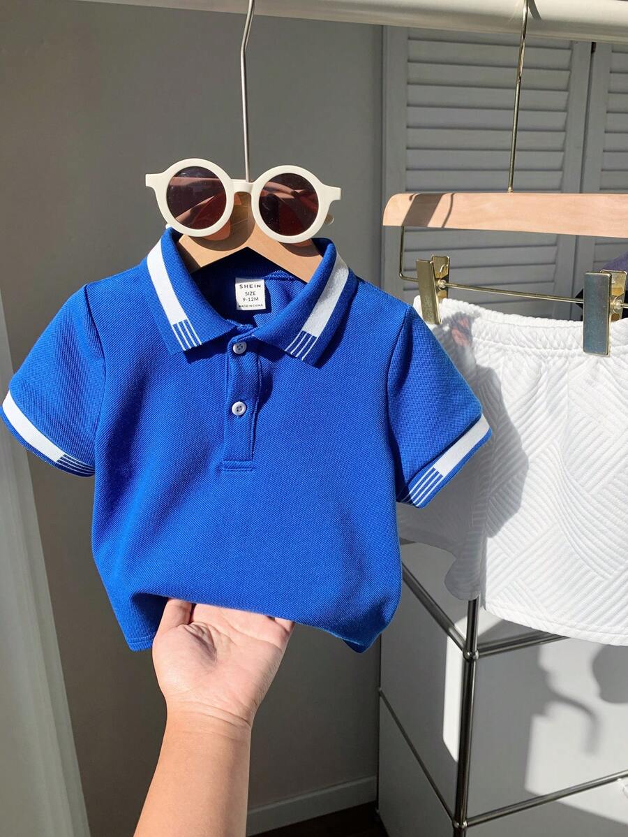 SHEIN Leap Crew 2pcs Set Casual Baby Boy/Girl Contrast Color Striped Detail Half Open Polo Shirt With Elastic Waist Knit Shorts, Suitable For Spring/Summer Everyday Wear - Blue - View 1
