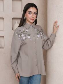 Al Najma Women's Flower Embroidered Arabian-Style Top,Modest - Grey - View 6