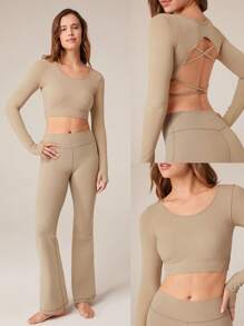 GLOWMODE Seamless Fitted Long Sleeve Crop Tee With Lace-Up Back Light Support Low Impact Yoga Daily Spring Summer - Camel - View 8