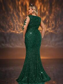 Glamrae 大码优雅亮片装饰网眼 V 领高腰鱼尾廓形晚礼服、婚礼宾客礼服、派对礼服、正式礼服 - 墨綠色 - 查看 6