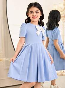 Young Girl Knitted Solid Color Round Neck Bowknot Decor Casual Mini Dress - Blue - View 5