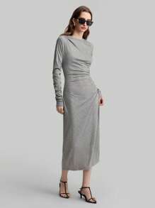 Ontre Women's Grey 90s Style Ruched Fitted Long Dress, Elegant - Grey - View 1