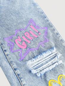 SHEIN Vaqueros de pierna ancha con estampado graffiti, desgastados y rotos con motivos de copos de nieve para niña preadolescente, pantalones rectos sueltos y lindos